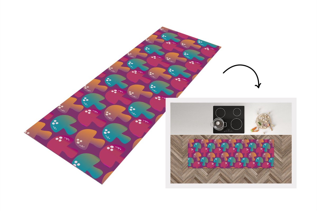 KitchenYeah Keukenloper - Loper keuken - Mushroom - Patronen - Regenboog - Keukenloper vinyl multicolor, foto 4