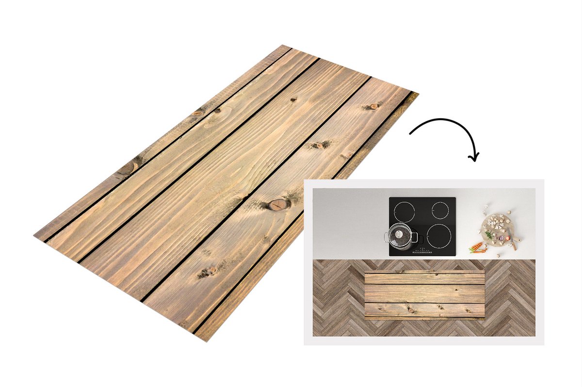 KitchenYeah Keukenloper - Loper keuken - Retro - Plank - Hout - Natuur - Keukenloper vinyl Multicolor