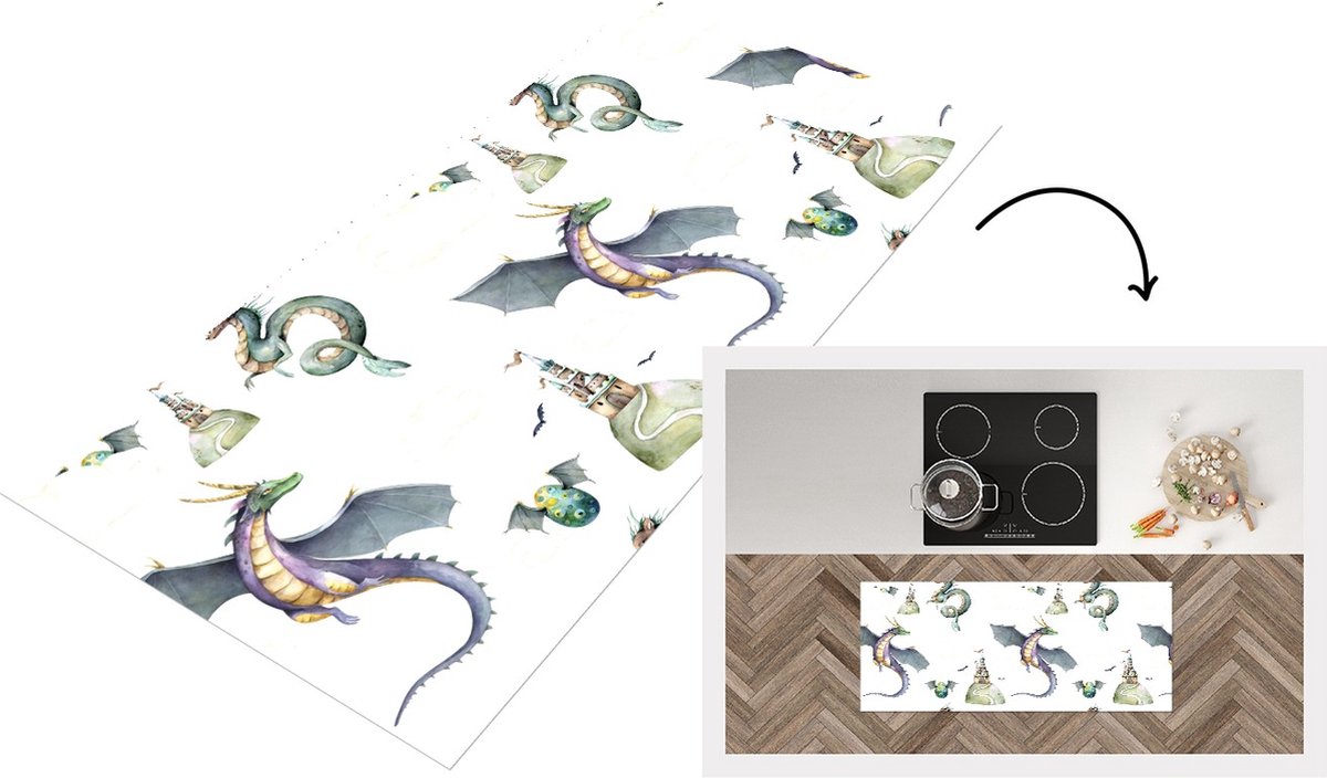KitchenYeah Keukenloper - Loper keuken - Jongens - Patronen - Draak - Kasteel - 120x50 cm - Keukenloper vinyl Multicolor