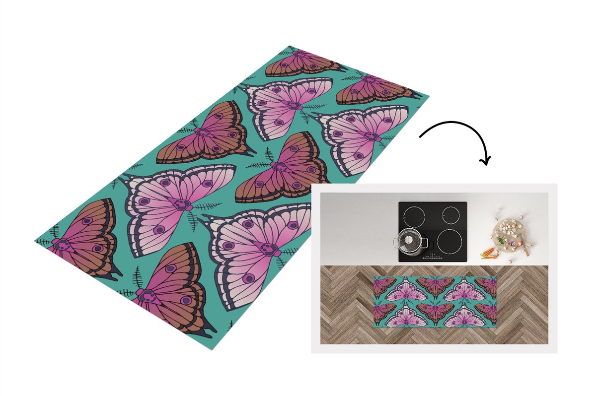 KitchenYeah Keukenloper - Loper keuken - Meisje - Motten - Insecten - Patronen - 120x50 cm - Keukenloper vinyl Multicolor
