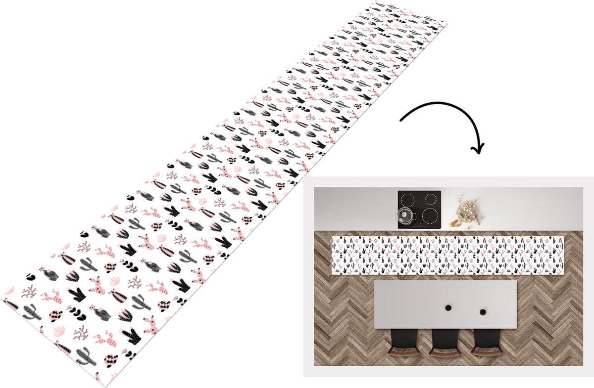 KitchenYeah Keukenloper - Loper keuken - Meiden - Cactus - Roze - Patronen - 300x50 cm - Keukenloper vinyl Multicolor