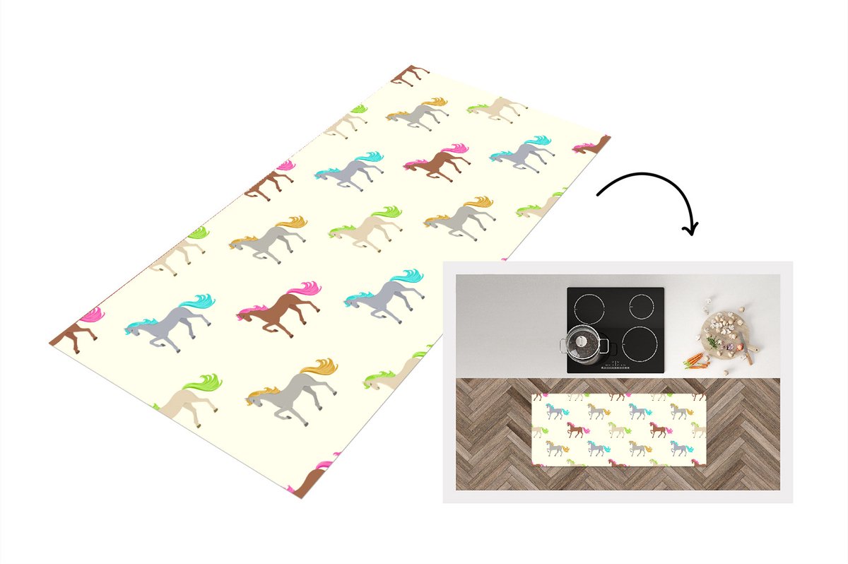 KitchenYeah Keukenloper - Loper keuken - Meiden - Paarden - Patronen - 120x50 cm - Keukenloper vinyl Multicolor