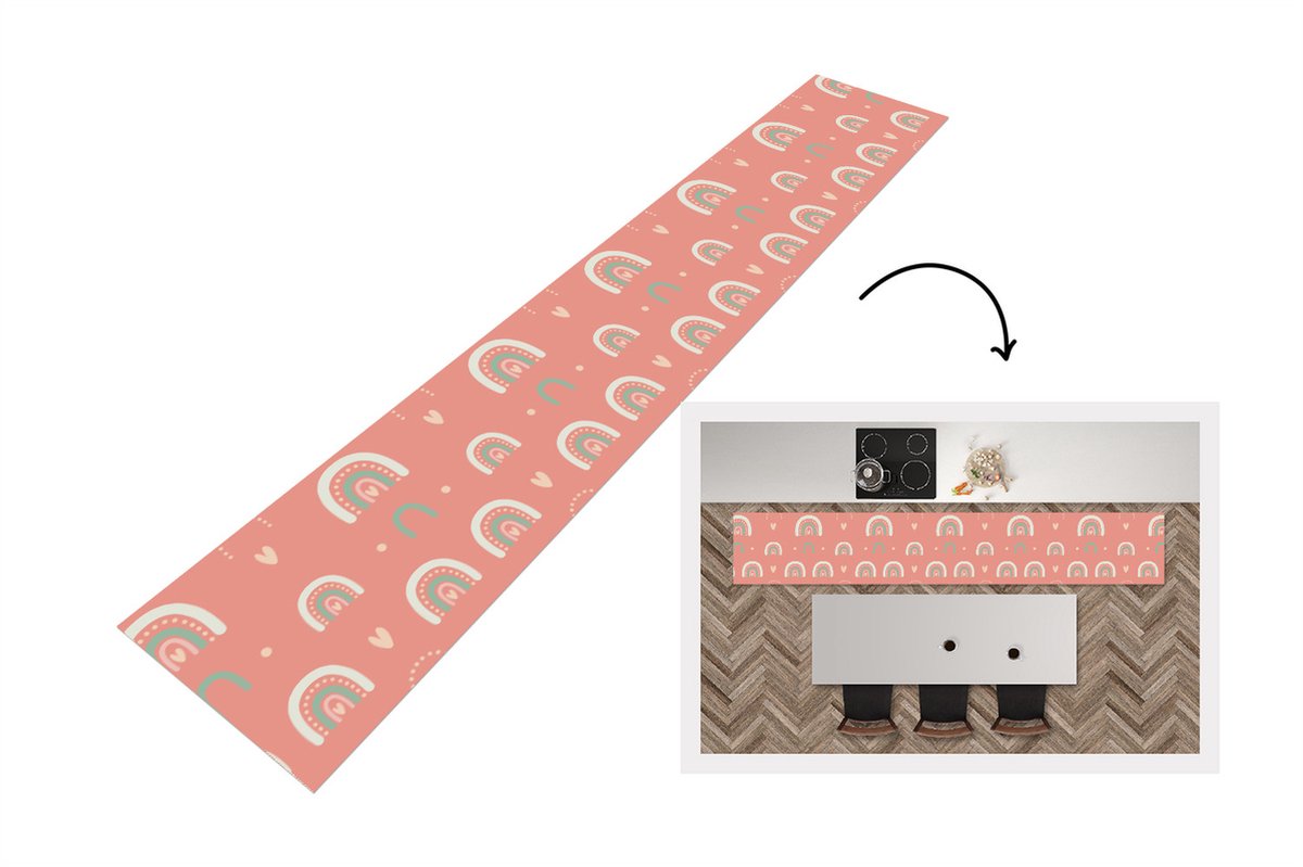 KitchenYeah Keukenloper - Loper keuken - Meisjes - Regenboog - Hartjes - Patronen - 300x50 cm - Keukenloper vinyl Multicolor