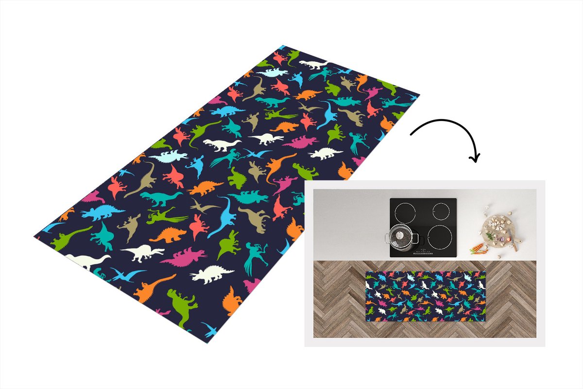 KitchenYeah Keukenloper - Loper keuken - Patronen - Dino - Kleuren - 120x50 cm - Keukenloper vinyl Multicolor