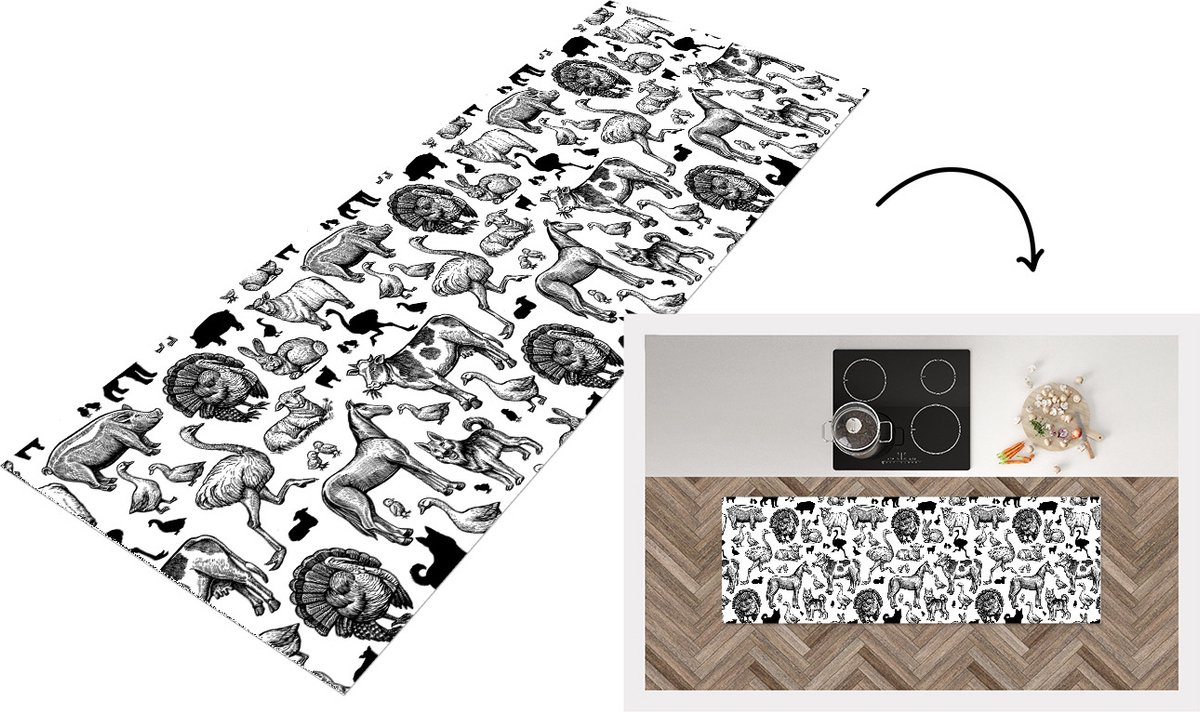 KitchenYeah Keukenloper - Loper keuken - Patroon - Dieren - Zwart Wit - 180x60 cm - Keukenloper vinyl Zwart; Wit
