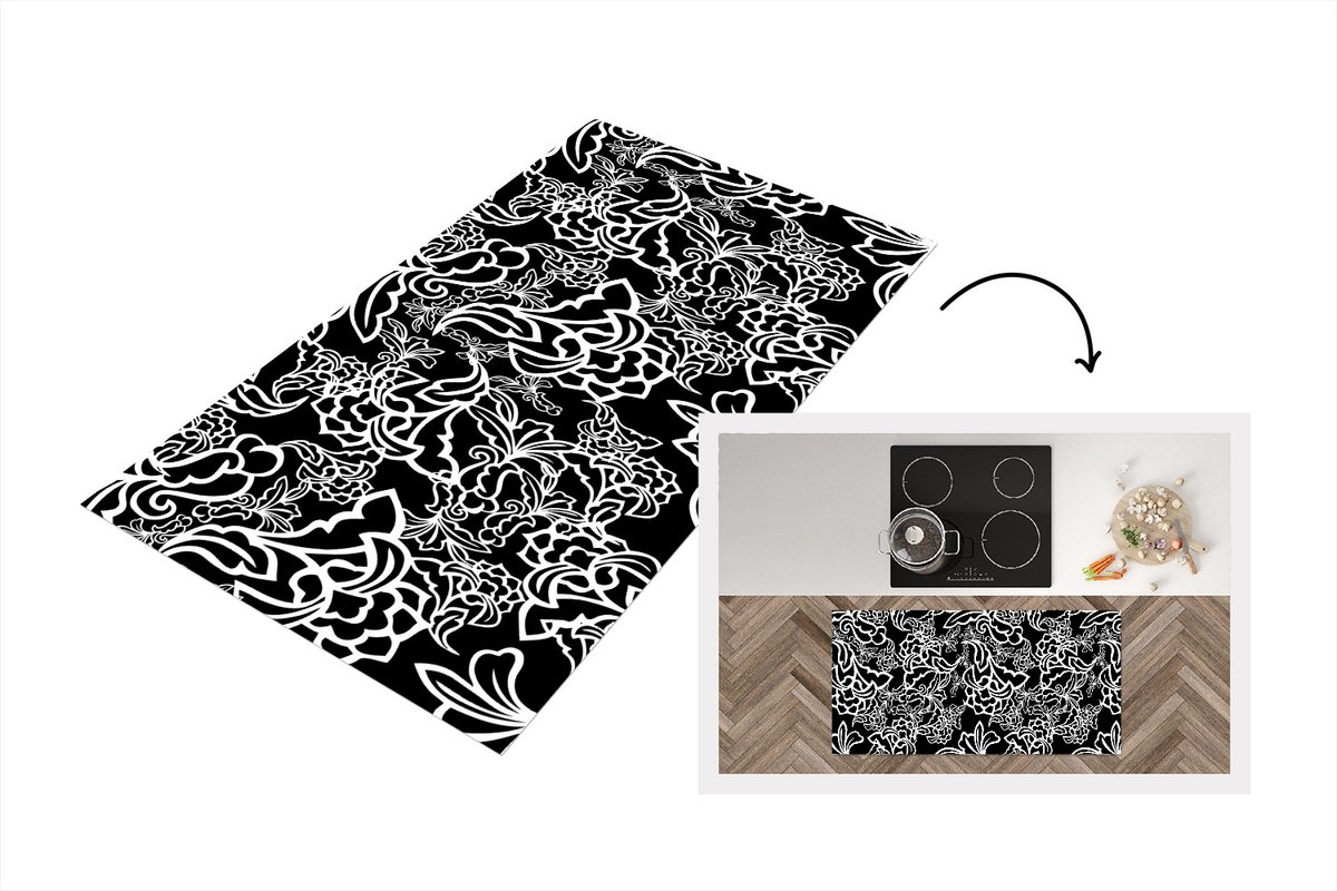 KitchenYeah Keukenloper - Loper keuken - Patronen - Bloem - Zwart Wit - 120x60 cm - Keukenloper vinyl Zwart; Wit