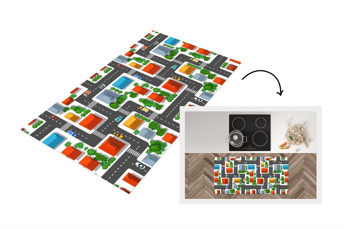 KitchenYeah Keukenloper - Loper keuken - Patronen - Auto - Huis - 120x60 cm - Keukenloper vinyl Multicolor