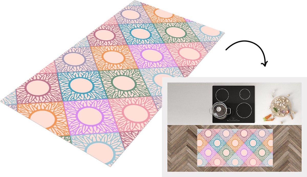 KitchenYeah Keukenloper - Loper keuken - Zonnebloem - Ruit - Patronen - 120x60 cm - Keukenloper vinyl Multicolor