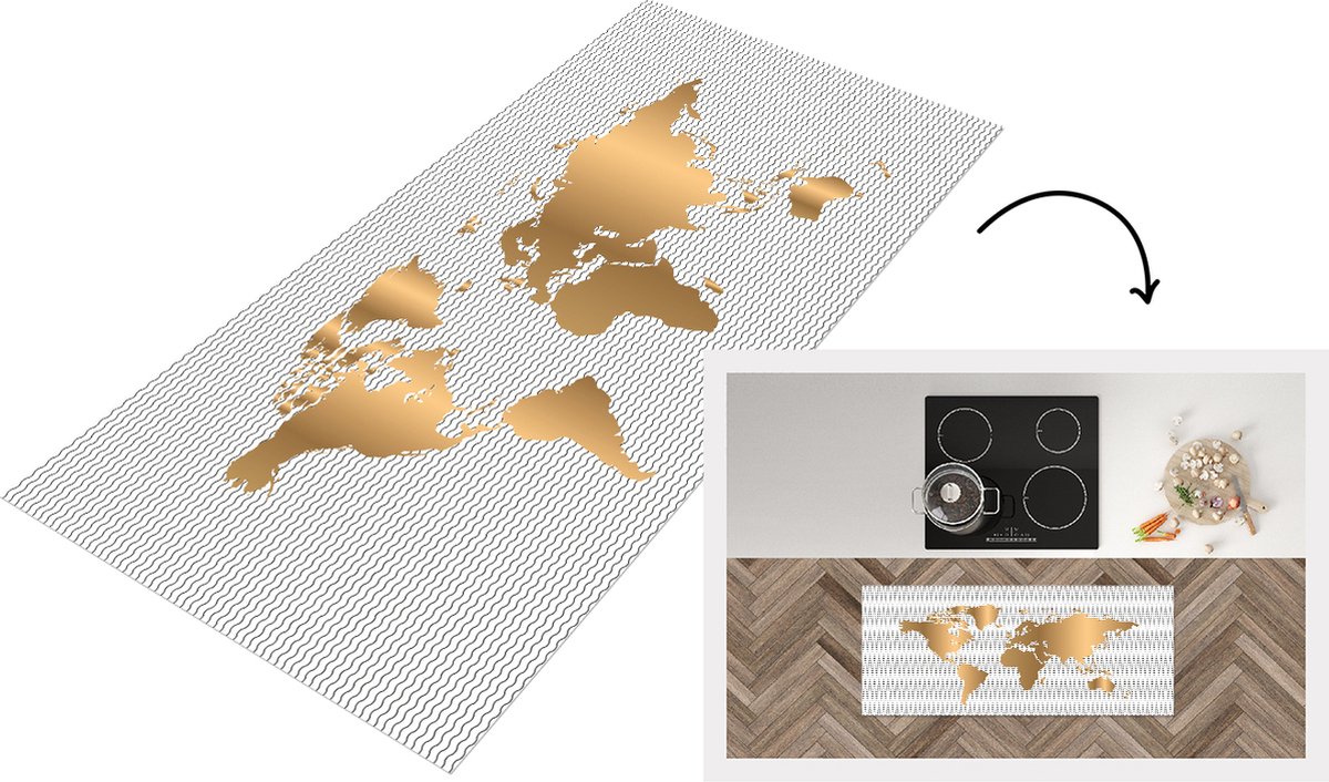 KitchenYeah Keukenloper - Loper keuken - Wereldkaart - Goud - Golf - Keukenloper vinyl Multicolor