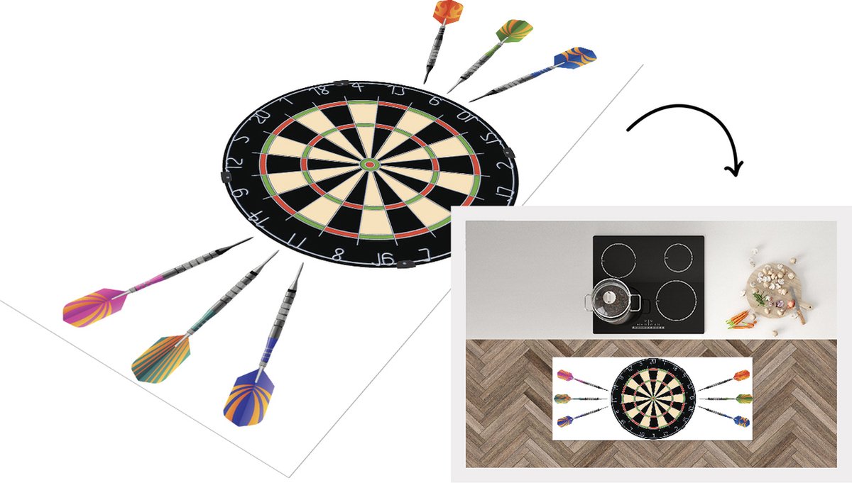 KitchenYeah Keukenloper - Loper keuken - een dartbord en zes pijlen - 120x50 cm - Keukenloper vinyl Multicolor