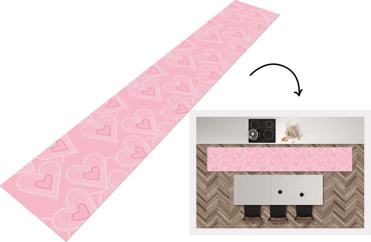 KitchenYeah Keukenloper - Loper keuken - Hartjes - Patronen - Roze - 300x50 cm - Keukenloper vinyl Multicolor