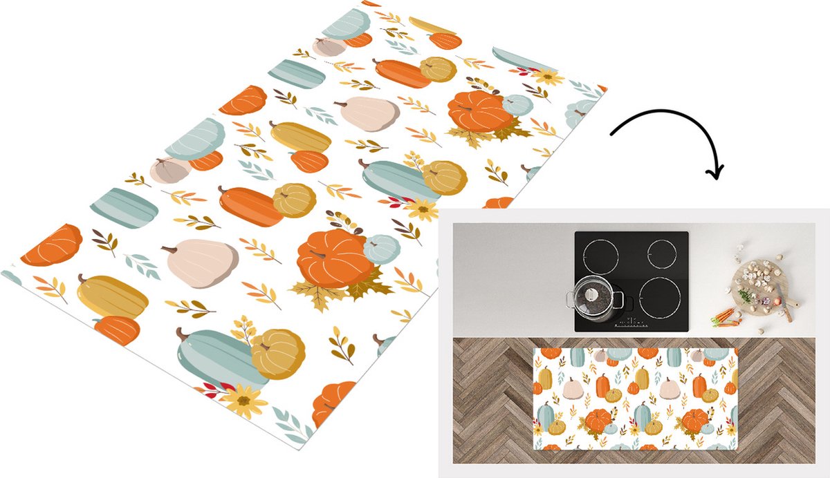 KitchenYeah Keukenloper - Loper keuken - Pompoen - Herfst - Patroon - 120x60 cm - Keukenloper vinyl Multicolor