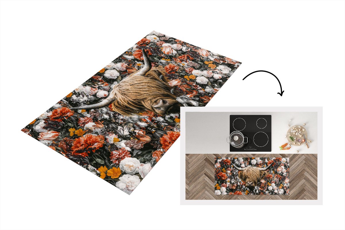 KitchenYeah Keukenloper - Loper keuken - Schotse hooglander - Bloemen - Regenboog - 120x60 cm - Keukenloper vinyl Multicolor
