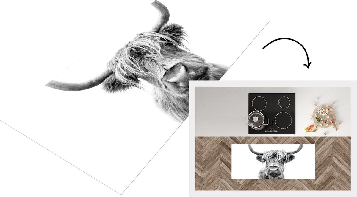 KitchenYeah Keukenloper - Loper keuken - Schotse hooglander - Stier - Dieren - Zwart - Wit - 120x50 cm - Keukenloper vinyl Multicolor