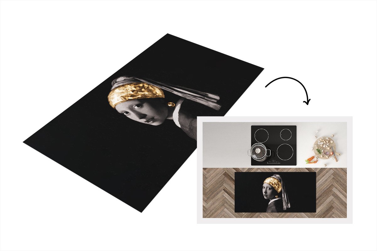 KitchenYeah Keukenloper - Loper keuken - Meisje met de parel - Goud - Zwart - Wit - Keukenloper vinyl, foto 2