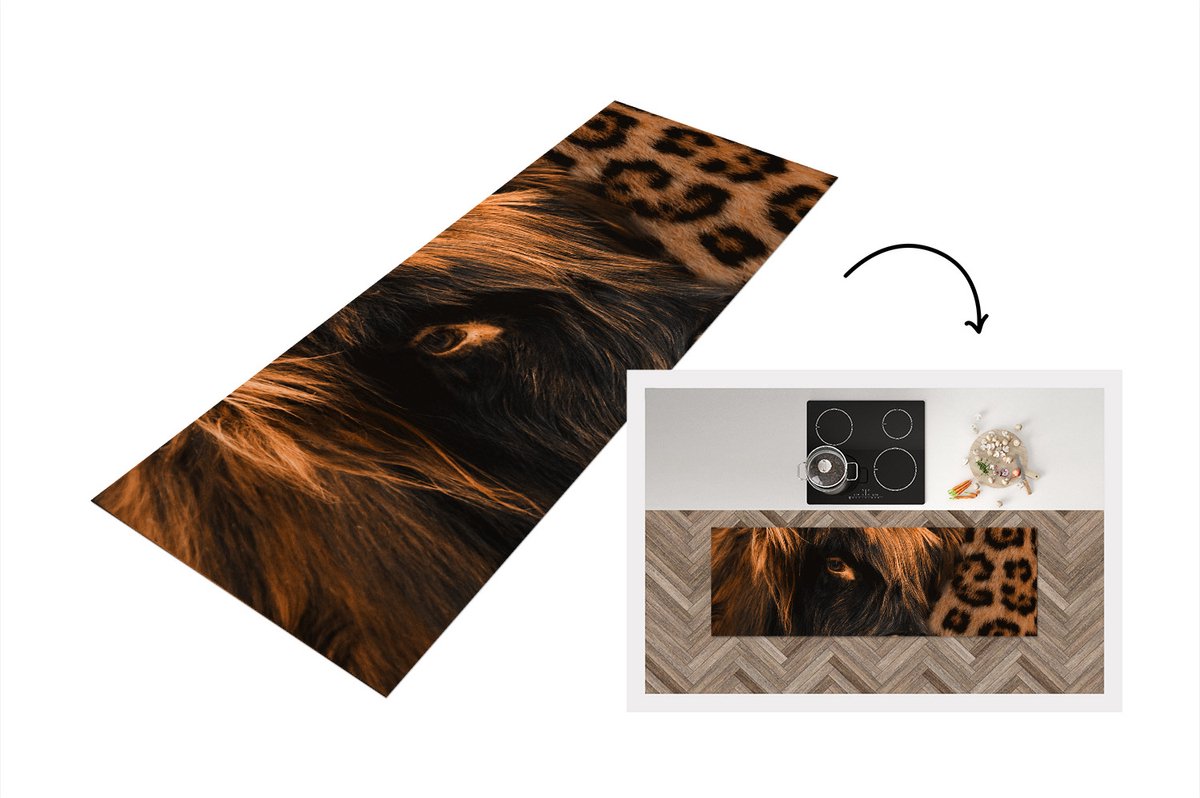 KitchenYeah Keukenloper - Loper keuken - Schotse hooglander - Oog - Panterprint - 150x50 cm - Keukenloper vinyl Multicolor