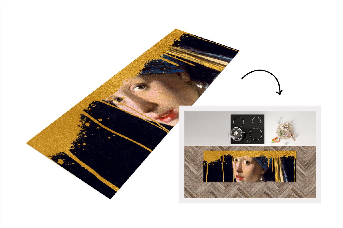 KitchenYeah Keukenloper - Loper keuken - Meisje met de Parel - Vermeer - Goud - 150x50 cm - Keukenloper vinyl Multicolor