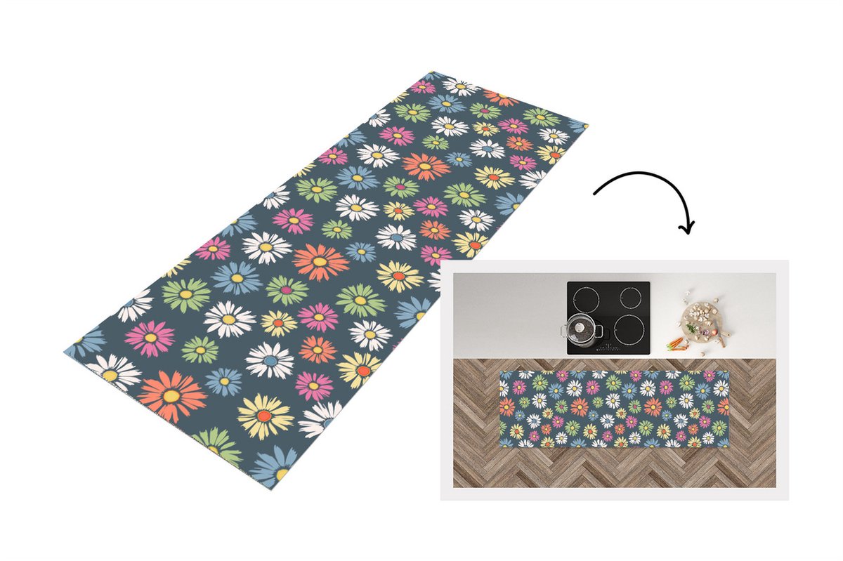 KitchenYeah Keukenloper - Loper keuken - Regenboog - Design - Bloemen - Flora - 150x50 cm - Keukenloper vinyl Multicolor