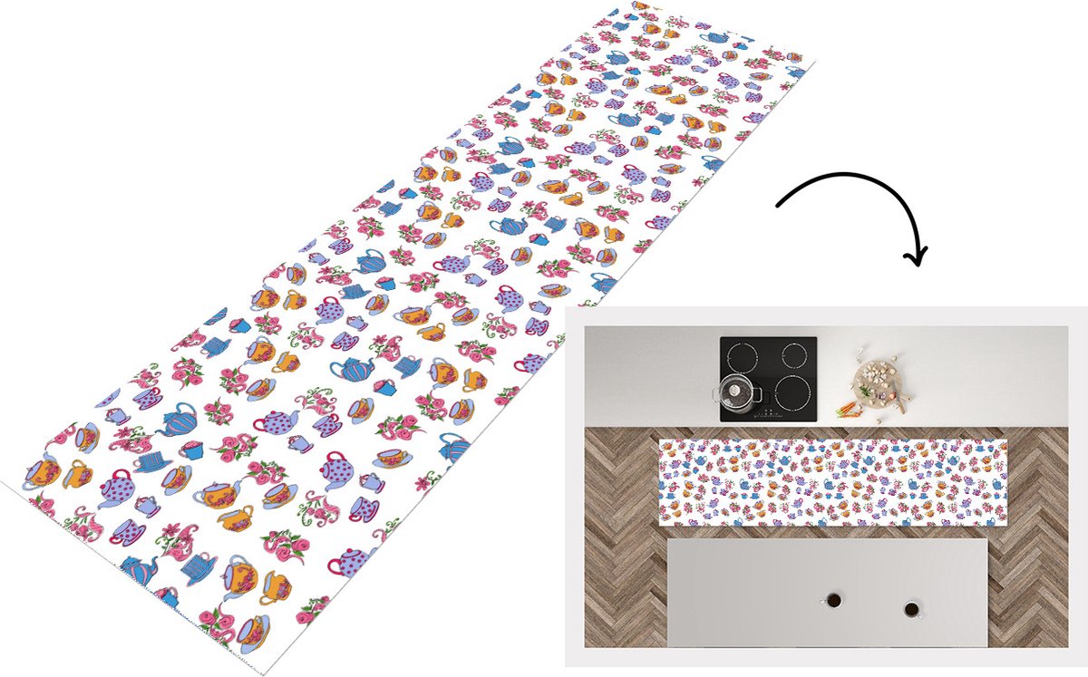 KitchenYeah Keukenloper - Loper keuken - Patronen - Thee - Rozen - Theepot - 240x60 cm - Keukenloper vinyl Multicolor