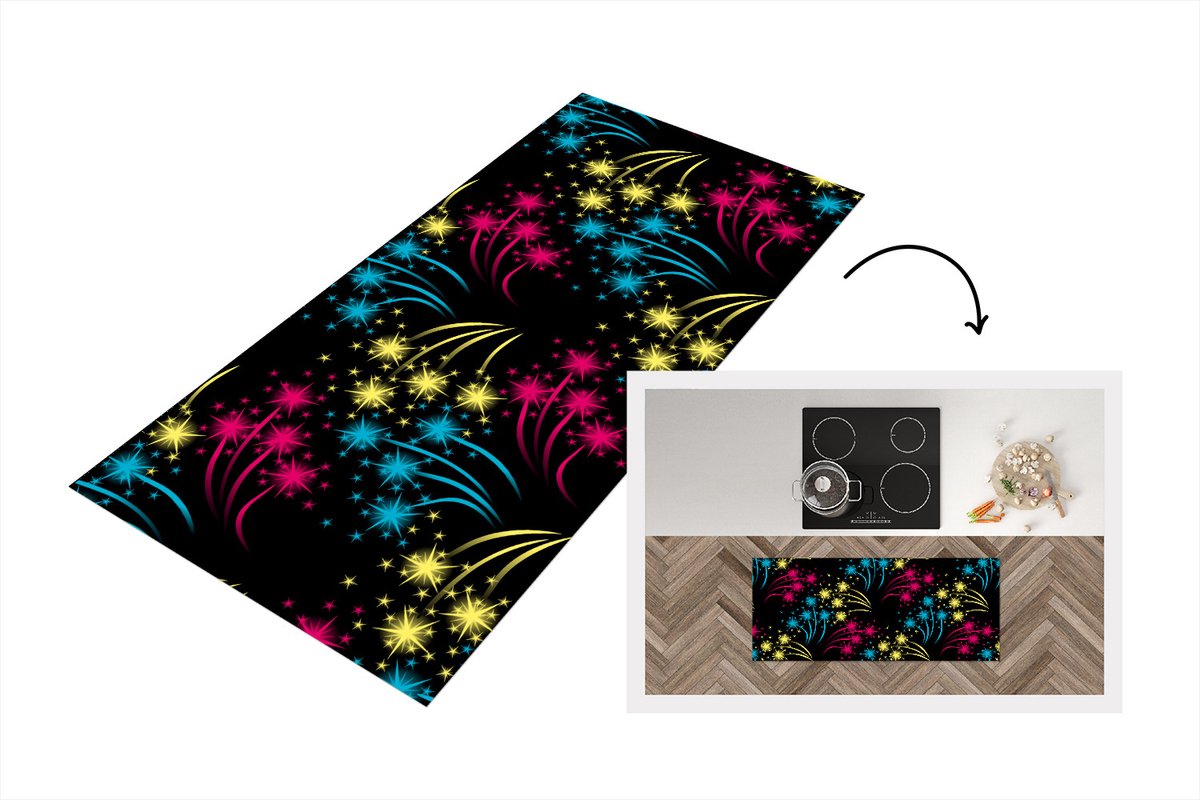 KitchenYeah Keukenloper - Loper keuken - Vuurwerk - Patroon - Oud en Nieuw - 120x50 cm - Keukenloper vinyl Multicolor