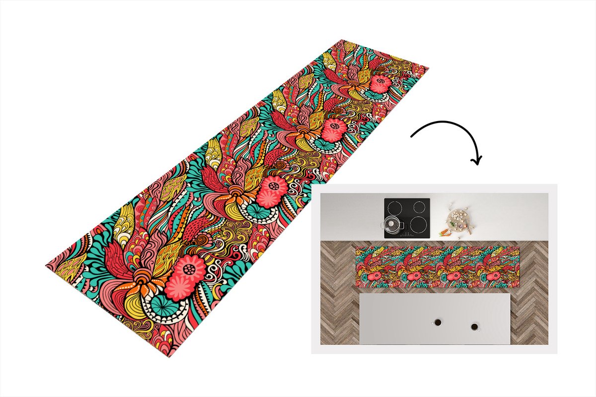 KitchenYeah Keukenloper - Loper keuken - Bohemian - Patronen - Bloemen - 200x50 cm - Keukenloper vinyl Multicolor