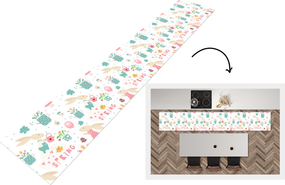 KitchenYeah Keukenloper - Loper keuken - Patroon - Pasen - Lente - 300x50 cm - Keukenloper vinyl Multicolor