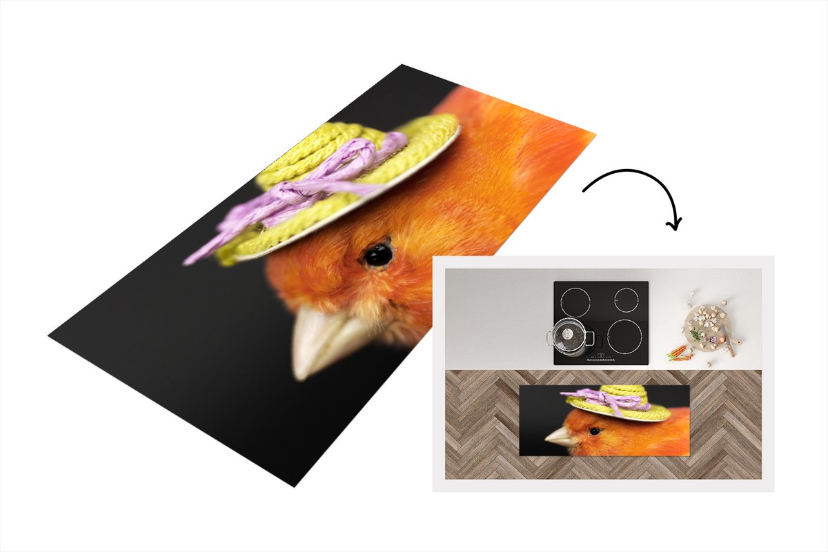 KitchenYeah Keukenloper - Loper keuken - Vogel - Hoed - Oranje - 120x50 cm - Keukenloper vinyl Multicolor