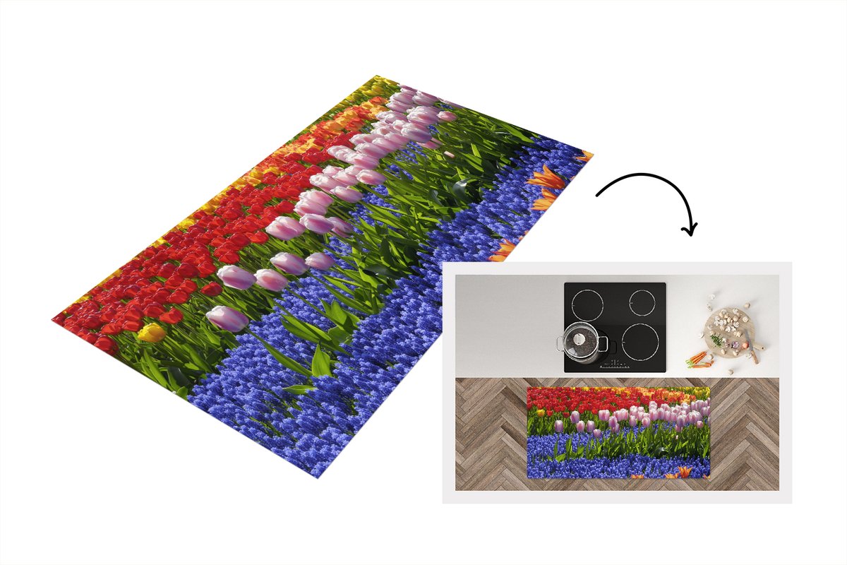 KitchenYeah Keukenloper - Loper keuken - Gekleurde tulpen en hyacinten in de Keukenhof in Zuid-Holland - 120x60 cm - Keukenloper vinyl Multicolor