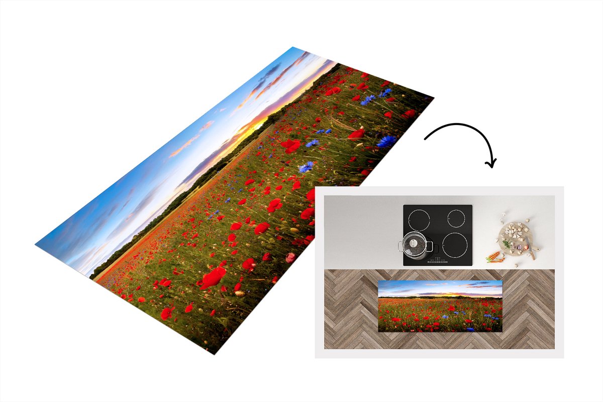 KitchenYeah Keukenloper - Loper keuken - Bloemenweide - Klaprozen - Rood - 120x50 cm - Keukenloper vinyl Multicolor