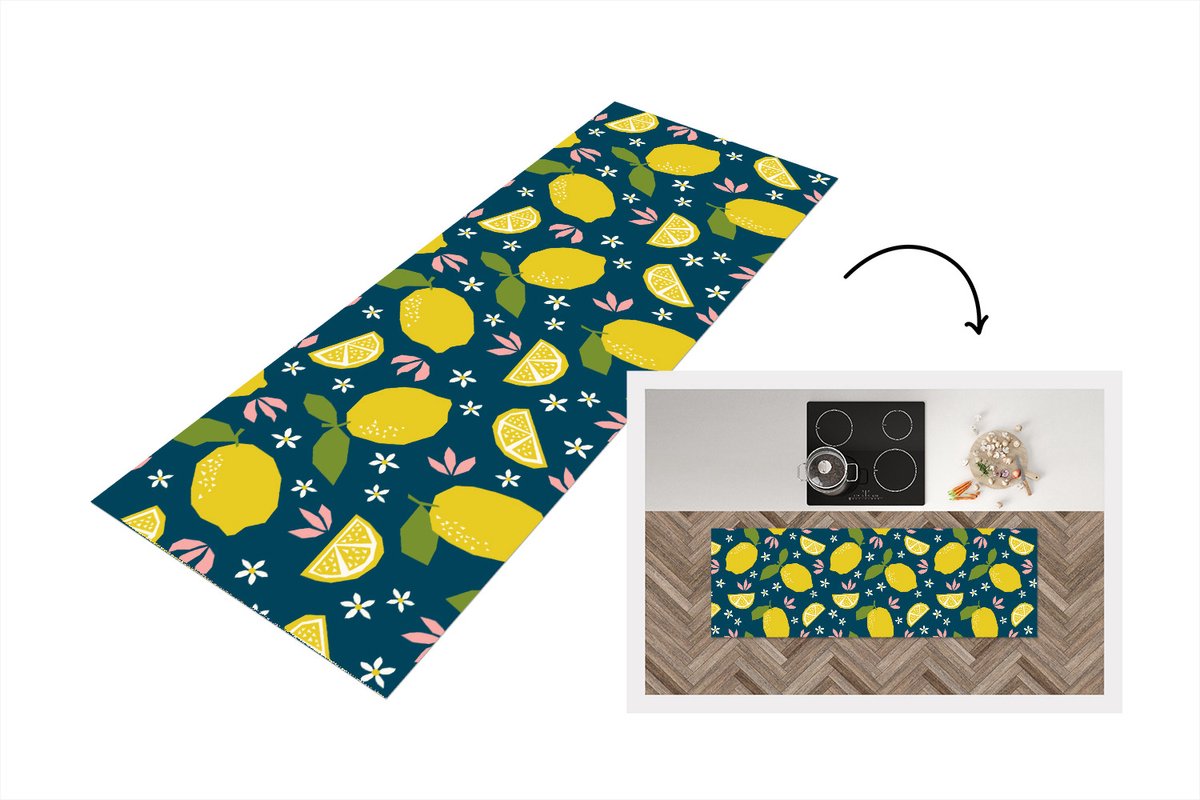 KitchenYeah Keukenloper - Loper keuken - Citroen - Patronen - Zomer - 180x60 cm - Keukenloper vinyl Multicolor