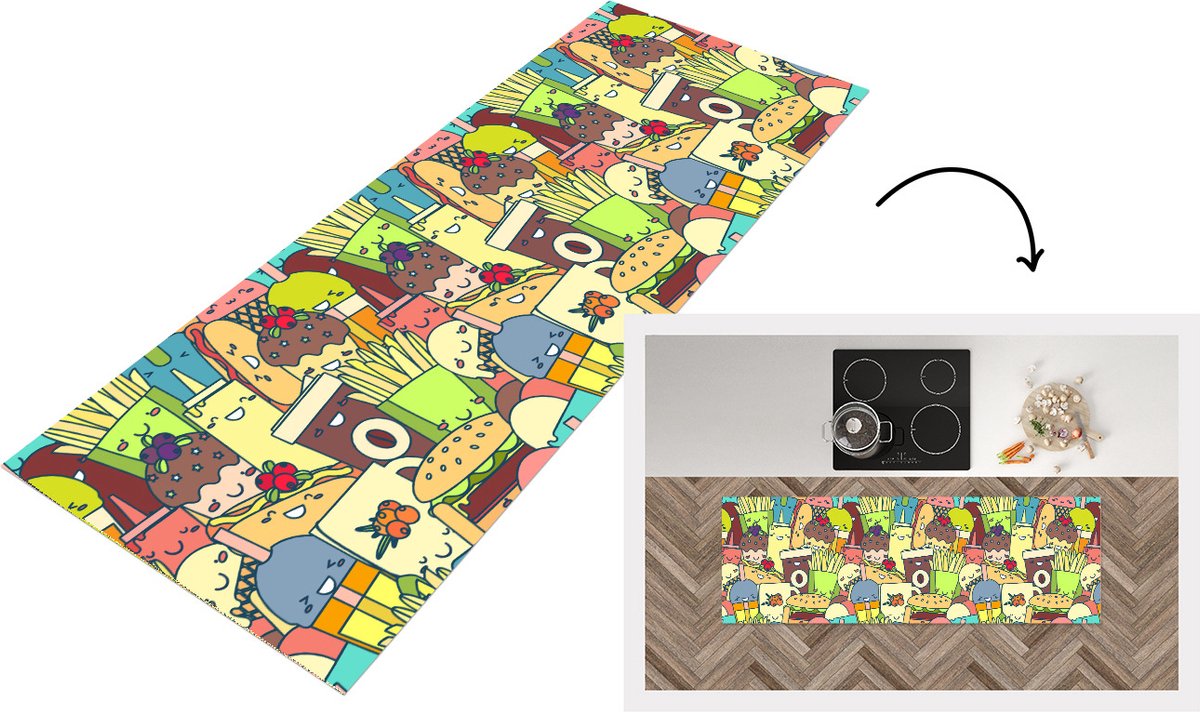 KitchenYeah Keukenloper - Loper keuken - Kawaii - Patronen - Fast Food - 150x50 cm - Keukenloper vinyl Multicolor