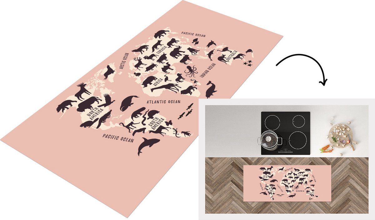 KitchenYeah Keukenloper - Loper keuken - Wereldkaart - Dier - Roze - Keukenloper vinyl Multicolor