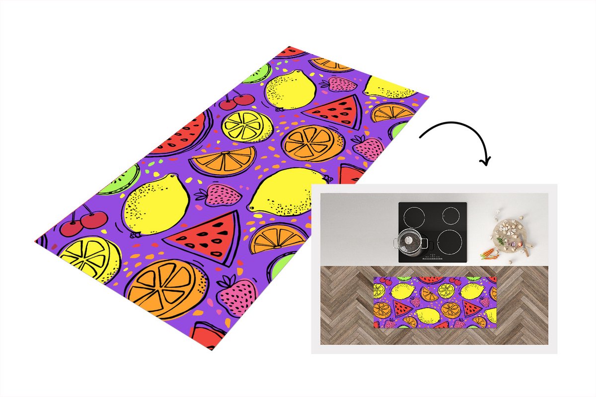 KitchenYeah Keukenloper - Loper keuken - Fruit - Neon - Paars - 120x50 cm - Keukenloper vinyl Multicolor