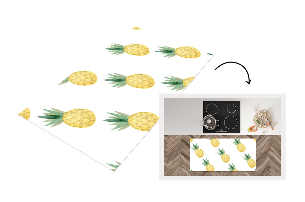 Keukenloper - Loper keuken - Ananas - Geel - Wit - Aquarelverf - 120x60 cm - Keukenloper v