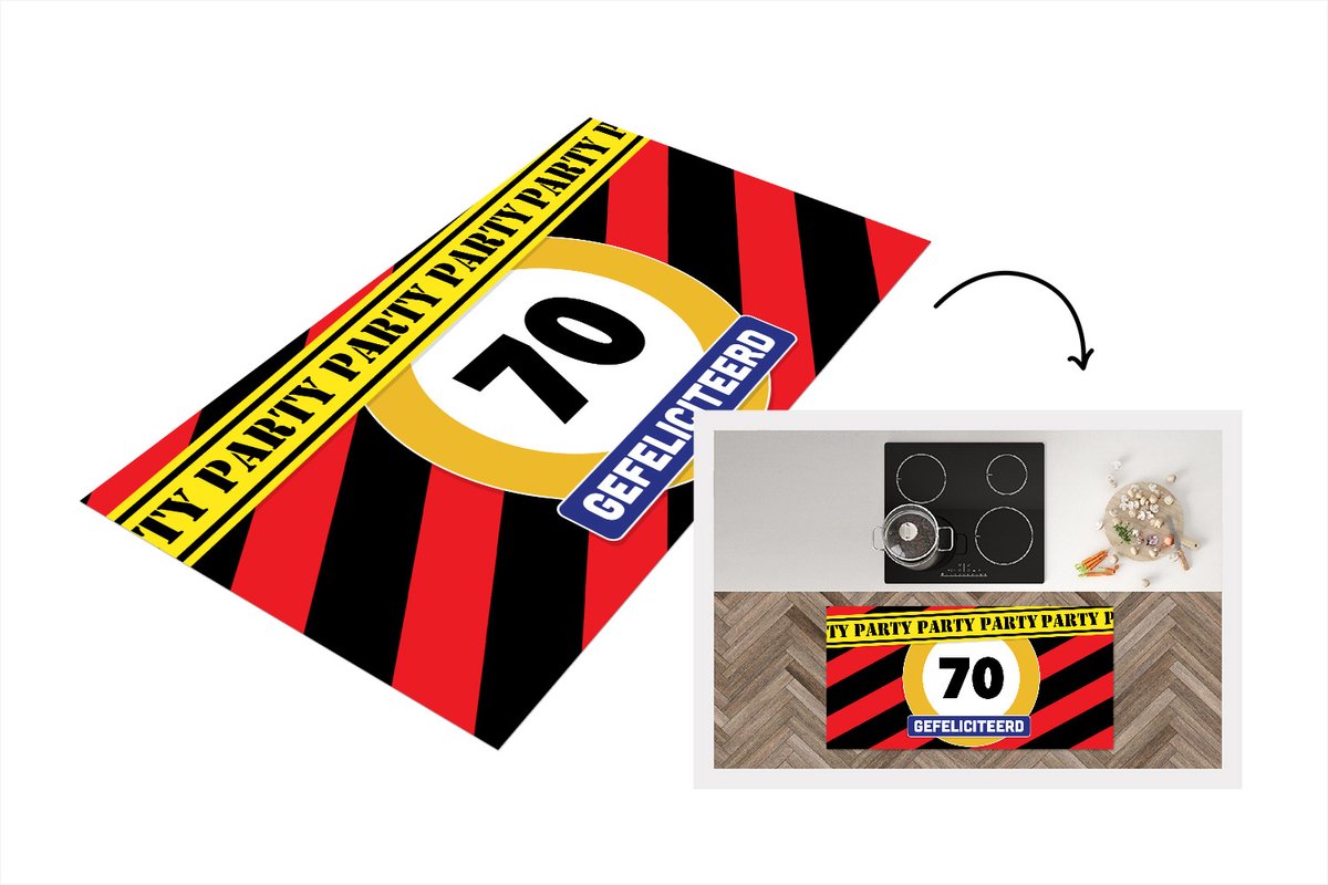 KitchenYeah Keukenloper - Loper keuken - Jubileum - 70 Jaar - Feest - 120x60 cm - Keukenloper vinyl Multicolor