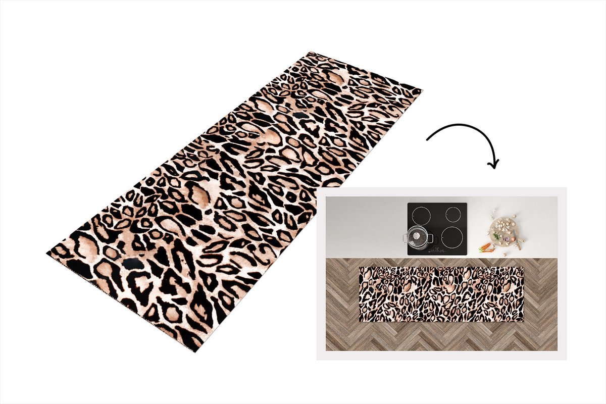 KitchenYeah Keukenloper - Loper keuken - Panterprint - Zwart - Bruin - Vlekken - 180x60 cm - Keukenloper vinyl Multicolor