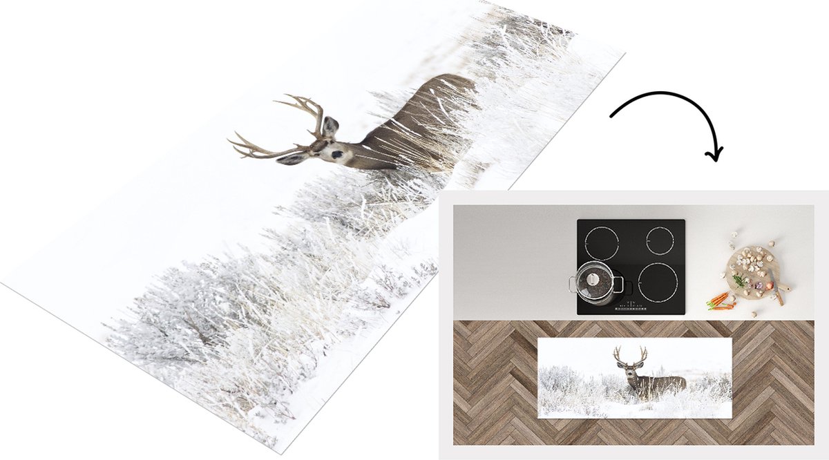 KitchenYeah Keukenloper - Loper keuken - Hert - Winter - Sneeuw - 120x50 cm - Keukenloper vinyl Multicolor