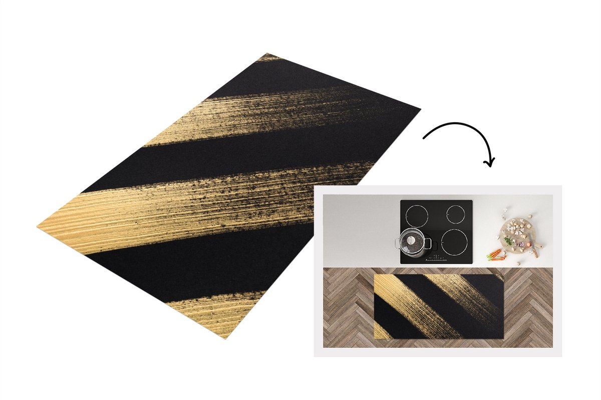 KitchenYeah Keukenloper - Loper keuken - Gouden verfstrepen op een zwarte achtergrond - 120x60 cm - Keukenloper vinyl Multicolor