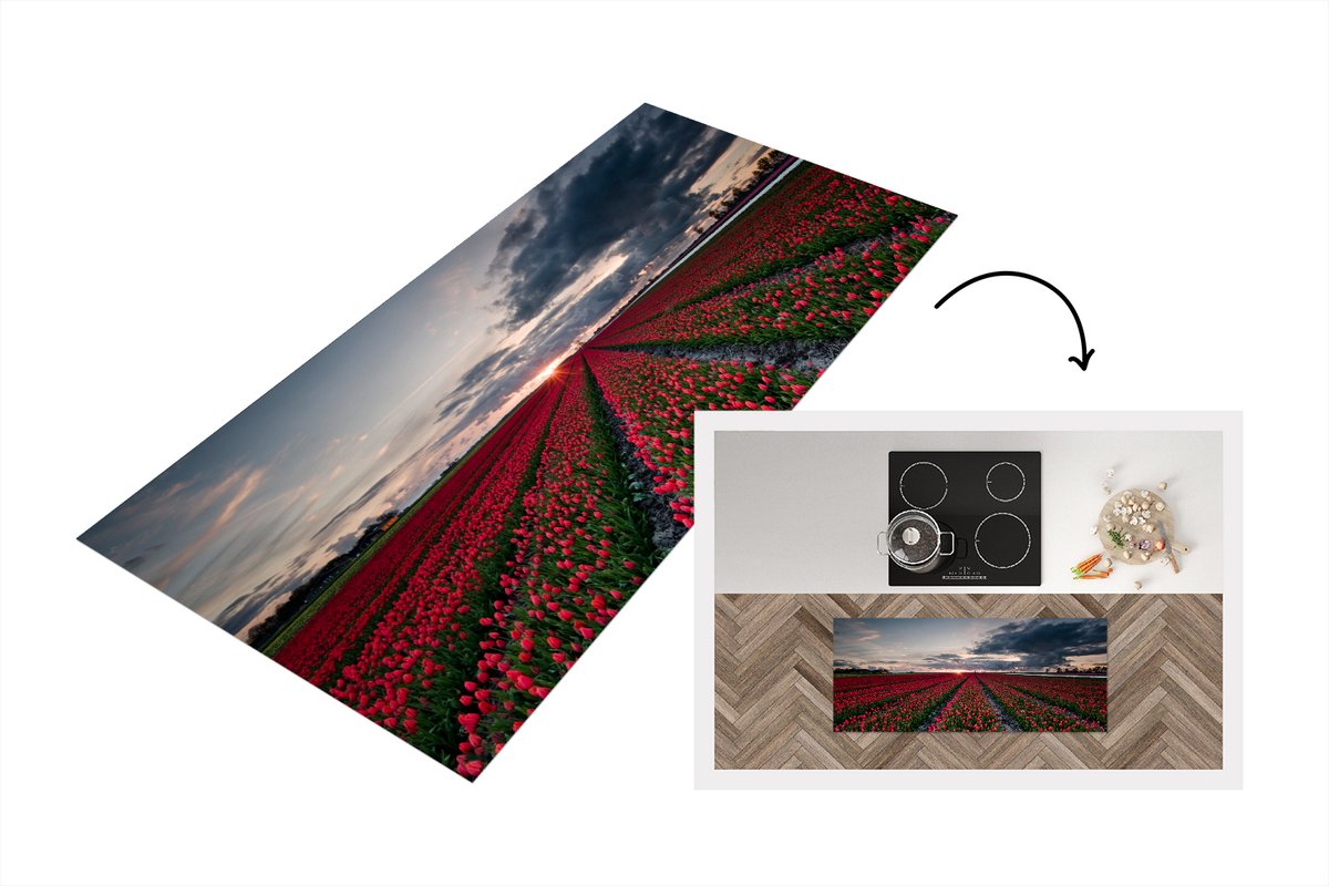 KitchenYeah Keukenloper - Loper keuken - Een rood tulpenveld in het noordoosten van Nederland - 120x50 cm - Keukenloper vinyl Multicolor