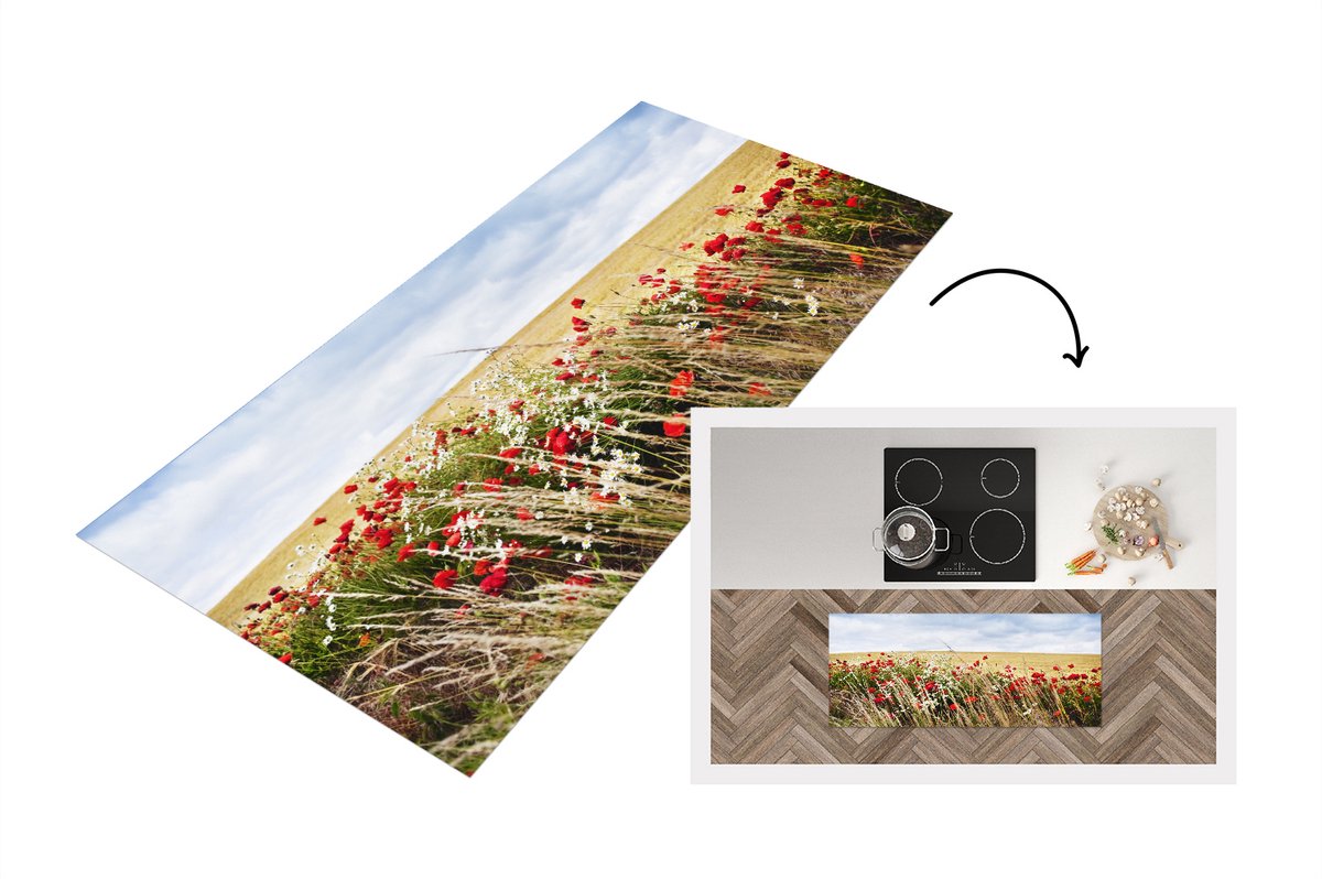 KitchenYeah Keukenloper - Loper keuken - Wolken - Bloemen - Rood - 120x50 cm - Keukenloper vinyl Multicolor