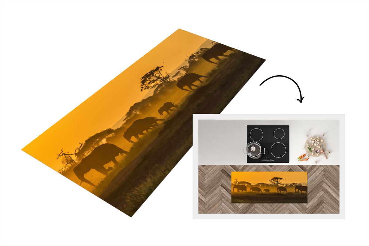 KitchenYeah Keukenloper - Loper keuken - Kudde olifanten bij zonsopkomst - 120x50 cm - Keukenloper vinyl Multicolor