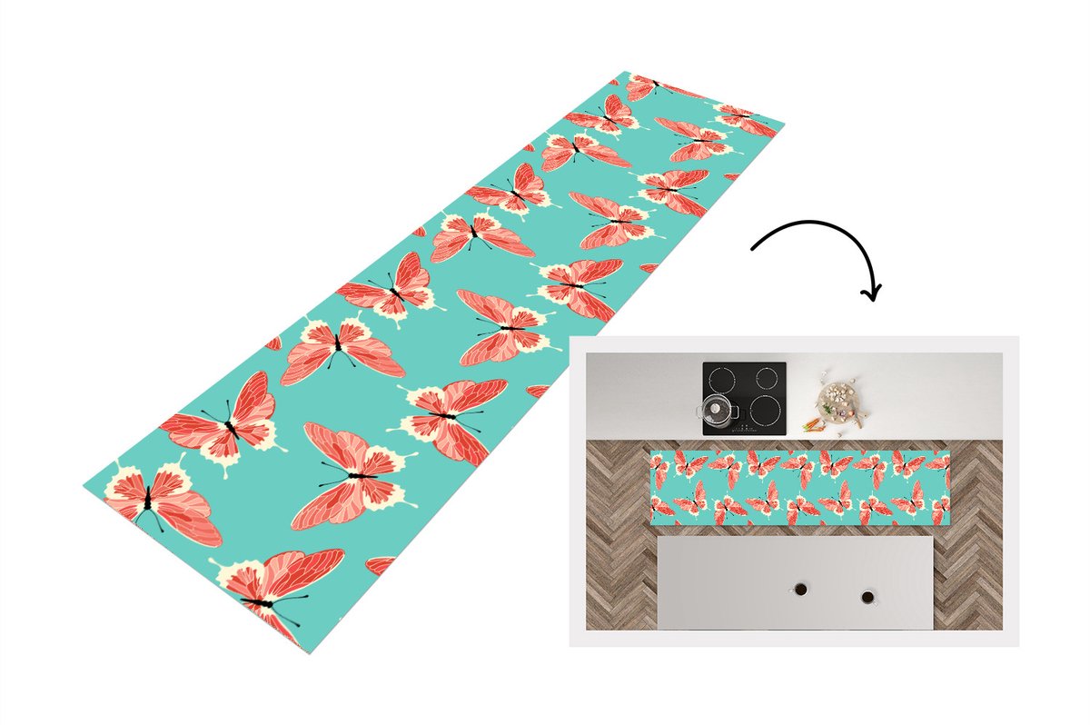 KitchenYeah Keukenloper - Loper keuken - Vlinders - Roze - Patroon - 240x60 cm - Keukenloper vinyl Multicolor