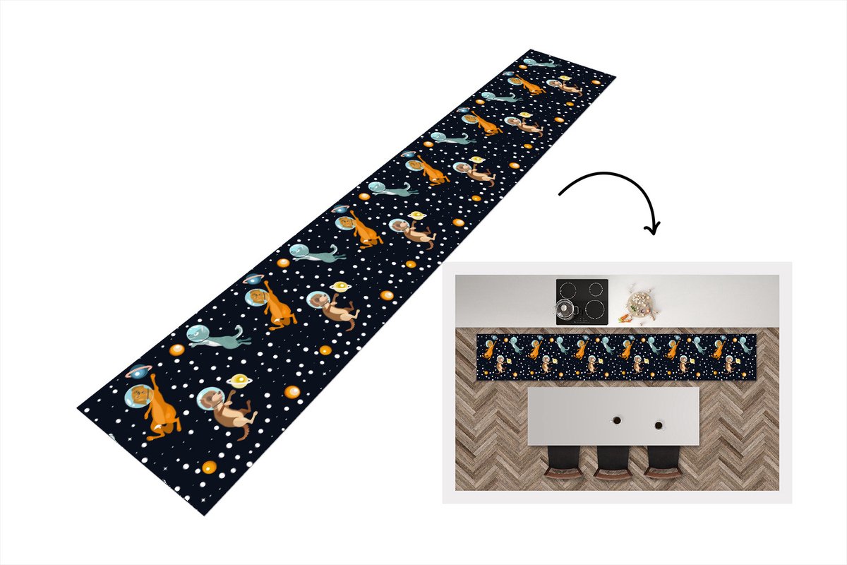 KitchenYeah Keukenloper - Loper keuken - Planeten - Hond - Patroon - 300x50 cm - Keukenloper vinyl Multicolor