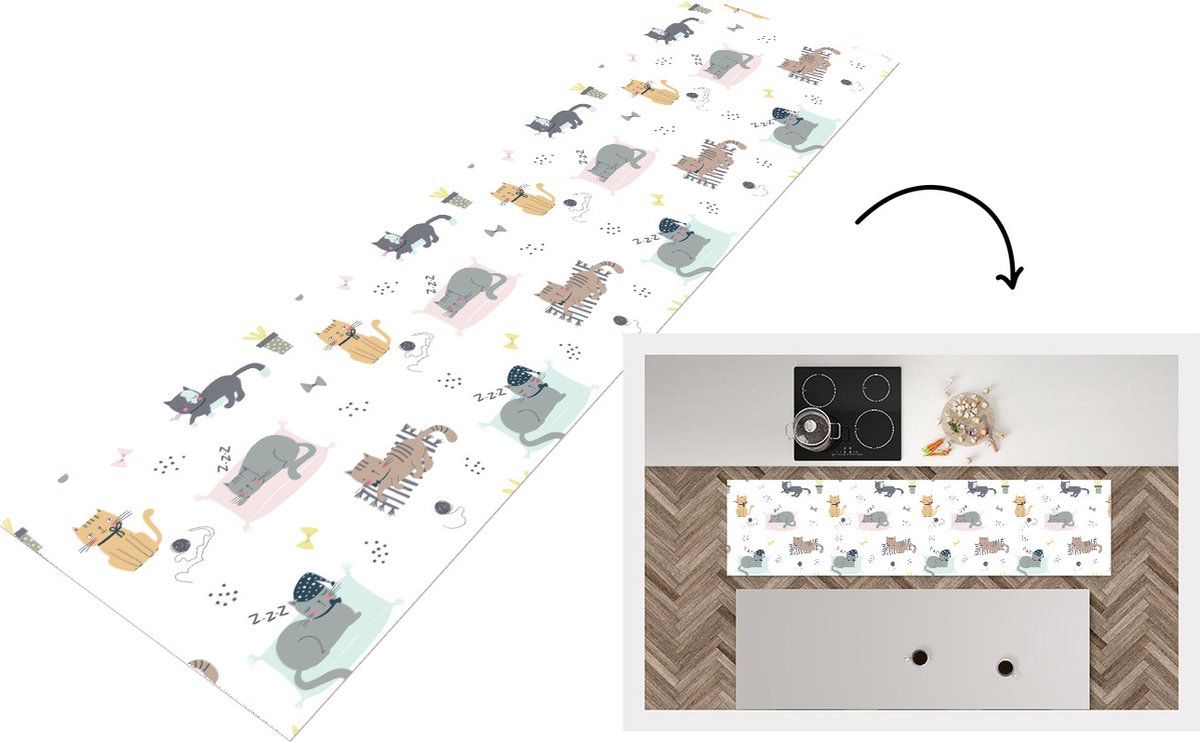 KitchenYeah Keukenloper - Loper keuken - Katten - Huisdieren - Patronen - 200x50 cm - Keukenloper vinyl Multicolor