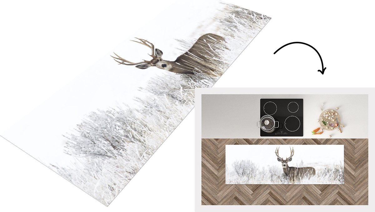 KitchenYeah Keukenloper - Loper keuken - Hert - Winter - Sneeuw - 180x60 cm - Keukenloper vinyl Multicolor