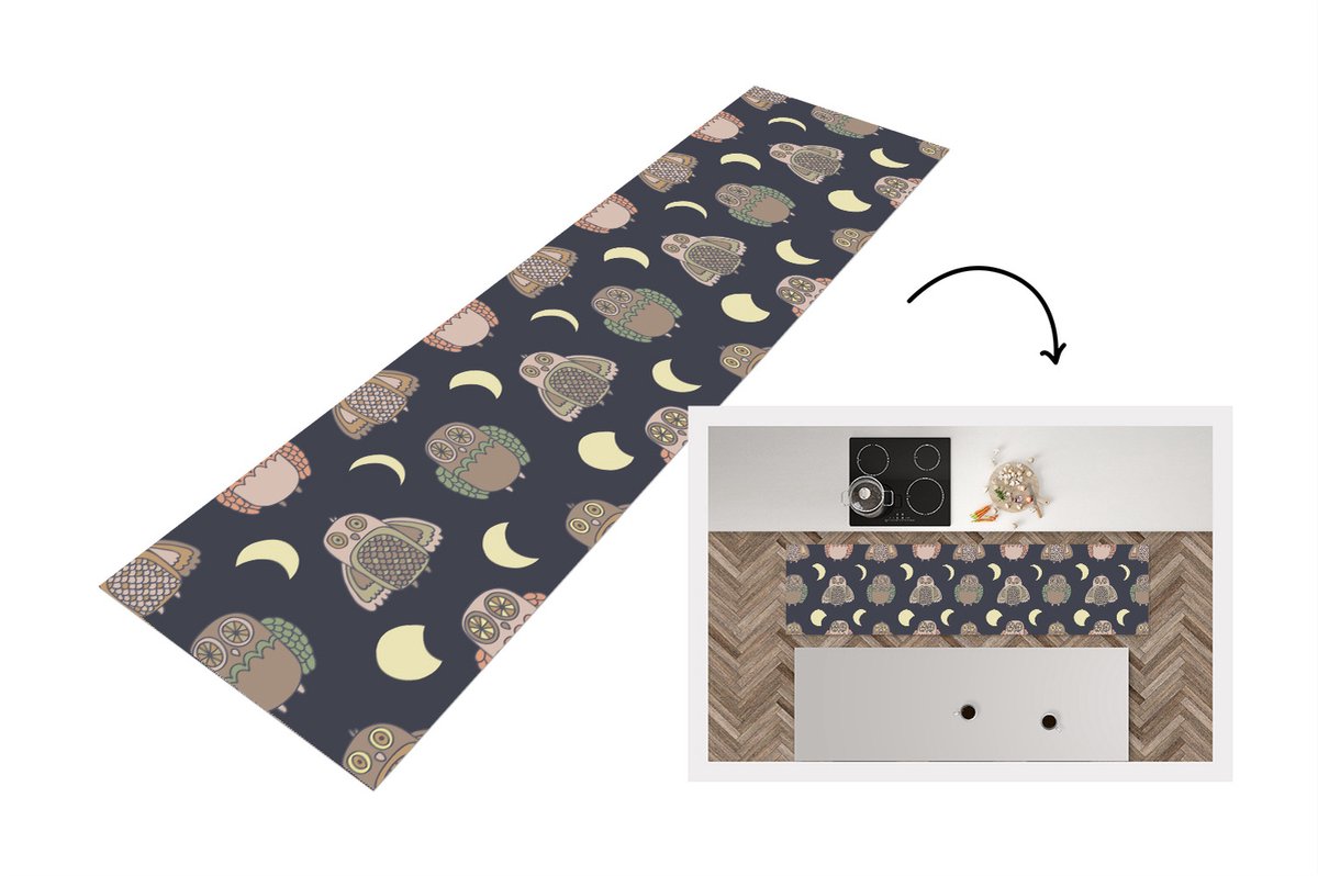 KitchenYeah Keukenloper - Loper keuken - Uil - Patronen - Maan - 200x50 cm - Keukenloper vinyl Multicolor