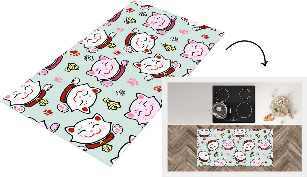 KitchenYeah Keukenloper - Loper keuken - Kat - Huisdieren - Patroon - 120x60 cm - Keukenloper vinyl Multicolor