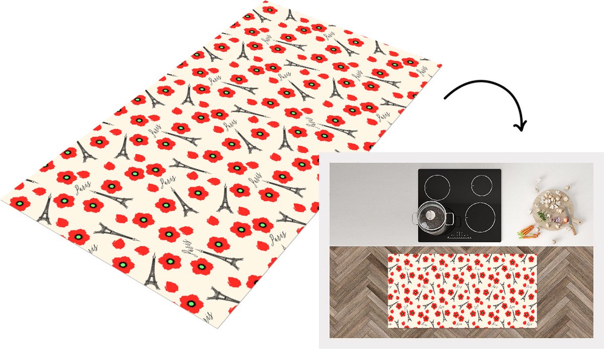 KitchenYeah Keukenloper - Loper keuken - Patronen - Parijs - Eiffeltoren - Bloemen - 120x60 cm - Keukenloper vinyl Multicolor