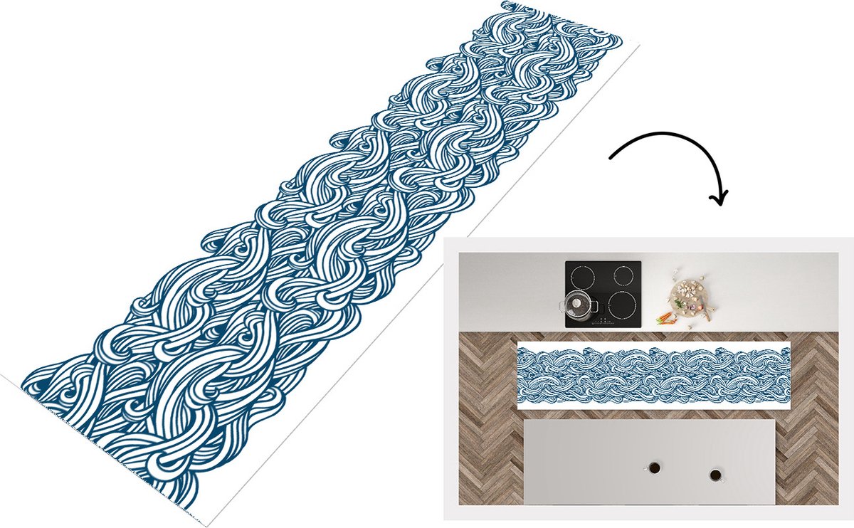 KitchenYeah Keukenloper - Loper keuken - Patroon - Golven - Zee - 240x60 cm - Keukenloper vinyl Multicolor