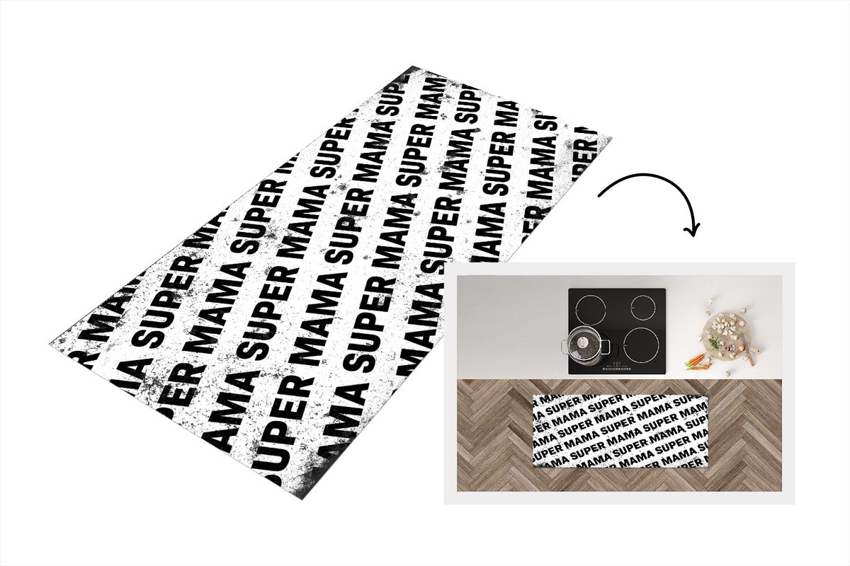 KitchenYeah Keukenloper - Loper keuken - Super mama - Moederdag cadeautje - Moederdag - Vintage - zwart wit - 120x50 cm - Keukenloper vinyl Zwart; Wit
